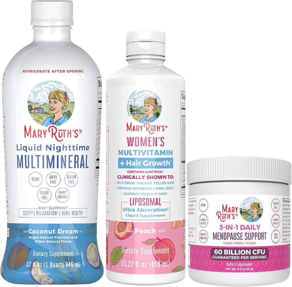 MaryRuth Organics MultivitaminLustriva Hårvekst, Menopause støtte, & daglig flytende multimineral, 3-pakkers Buddel for hår støtte, hud helse, immunstøtte, Gut helse og søvn støtte