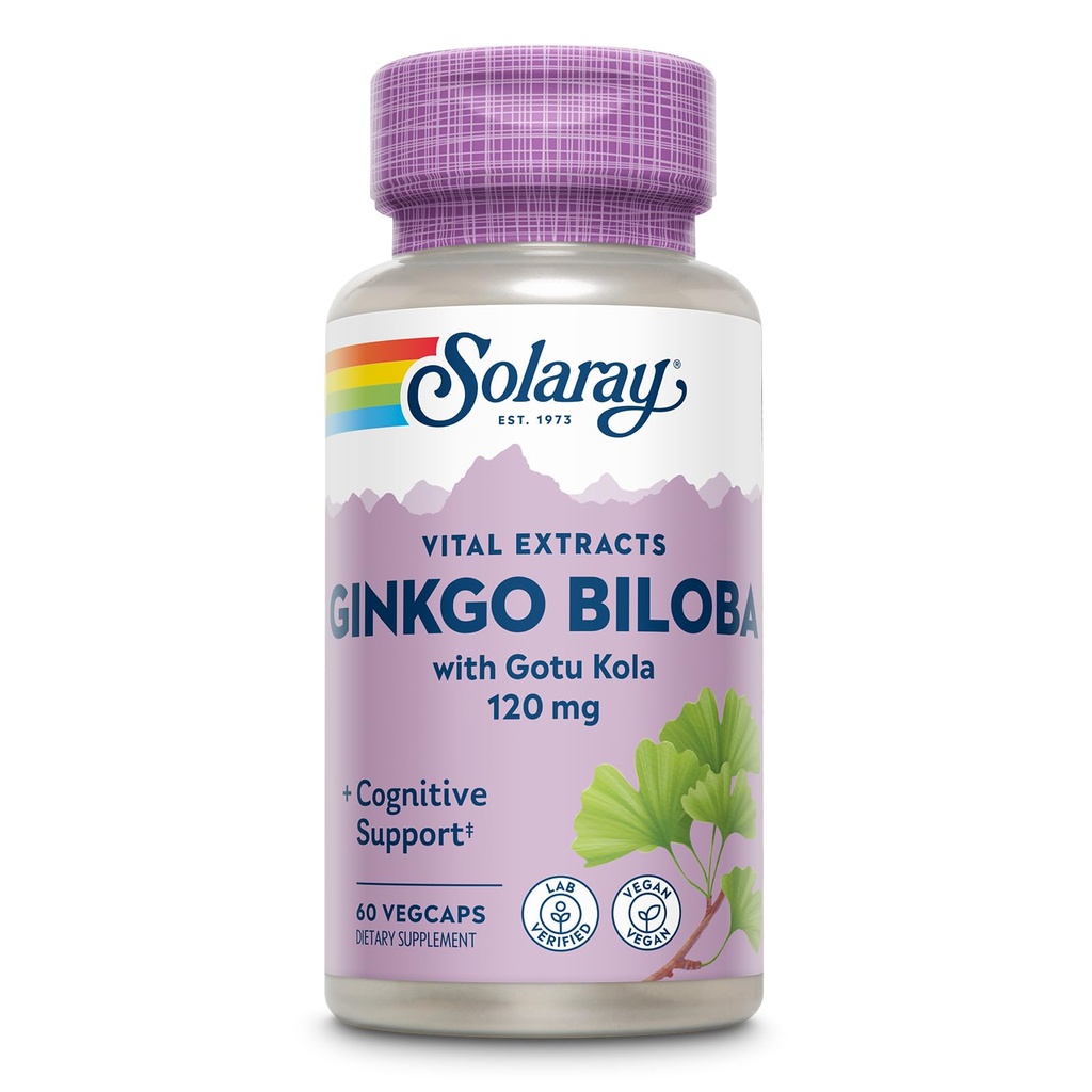 SOLARAY Ginkgo Biloba Ekstrakt med Gotu Kola - Ginko Biloba Capsules for Brain Health Support - Vegan, Lab Verifisert, 60-dagers garanti - 60 Services, 60 Vegkaps (60 Vegkaps)