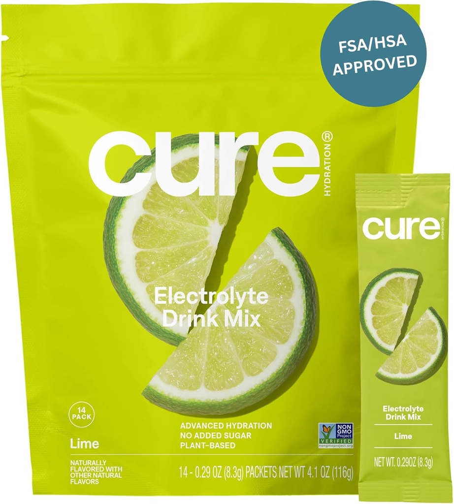 Cure Hydration | Plantebasert Electrolyte Drink Mix | Ingen tilsatt sukker | FSA-HSA | Dehydrering Relief pulver laget med kokosvann | Ikke-GMO | Vegan | Pouch av 14 pakker - Lime