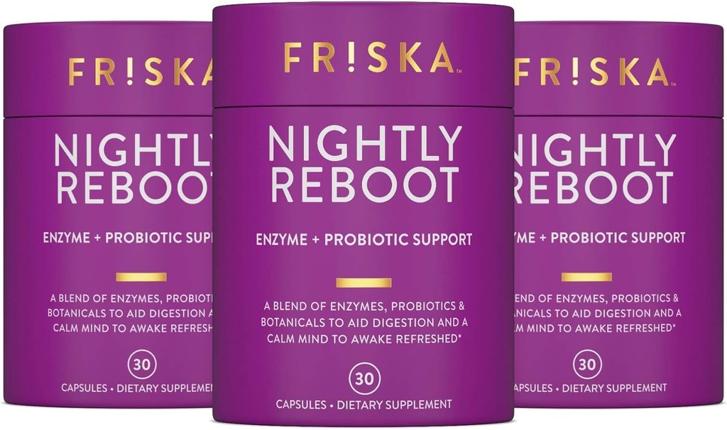 FRISKA Nattlig reboot Enzyme og probiotika Supplement, fremmer bedre Digestion og søvn, støtter Gut helse for menn og kvinner, Melatonin, Kamille, 90 kapsler