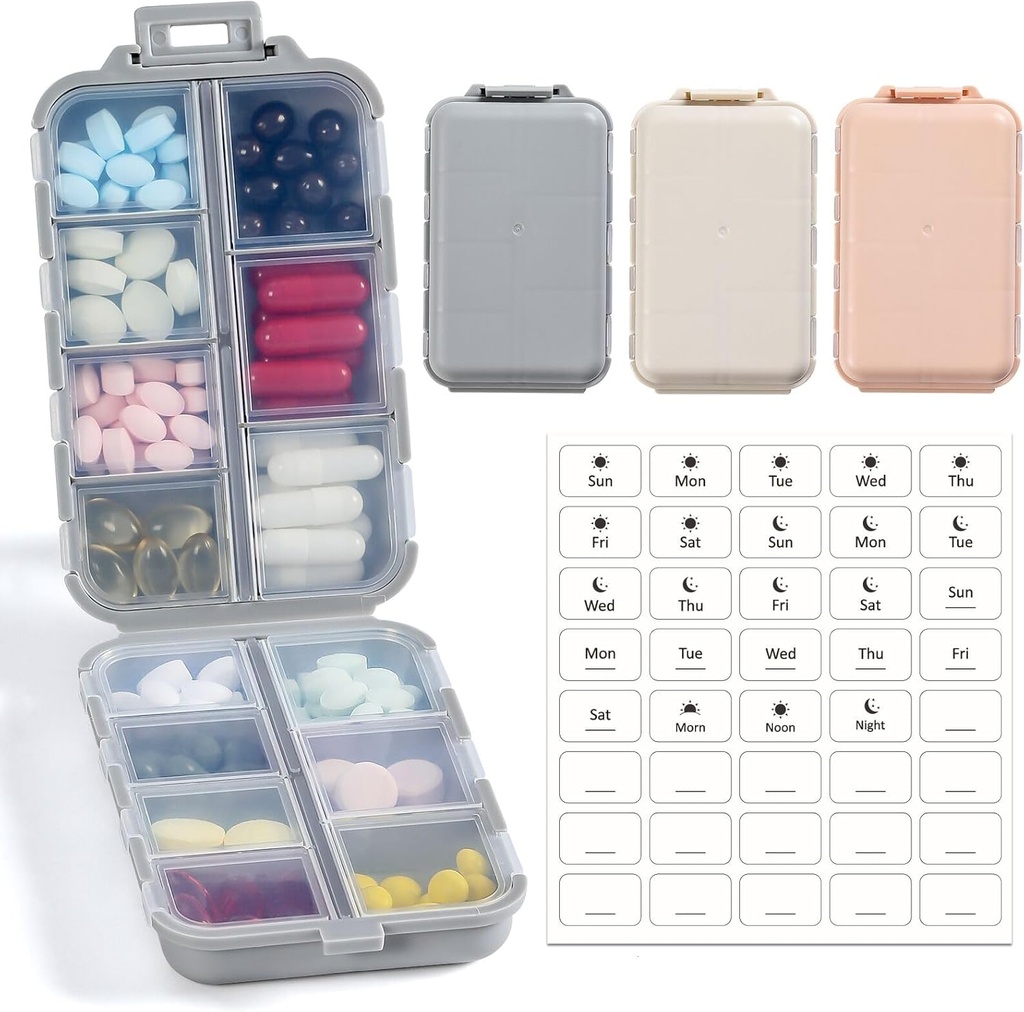 LANDNEOO 14 Grids Pille Organizer Box med etiketter, Reisemedisinholder Dispenser Case Kit, Pocket Daily Pharmacy Container for fiskeolje vitamin Supplerende lagring, Khaki rosa grå, 3 Pack