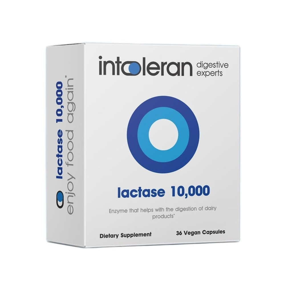 Intoleran Lactase 10.000 Digestive Enzymer - 36 Kapsler | Supplement for Lactase Intolerance | Lactase Enzyme som hjelper Digest Dairy & Lactose | Høydoset og raskvirkende | Ren & Vegansk | Lav FODMAP