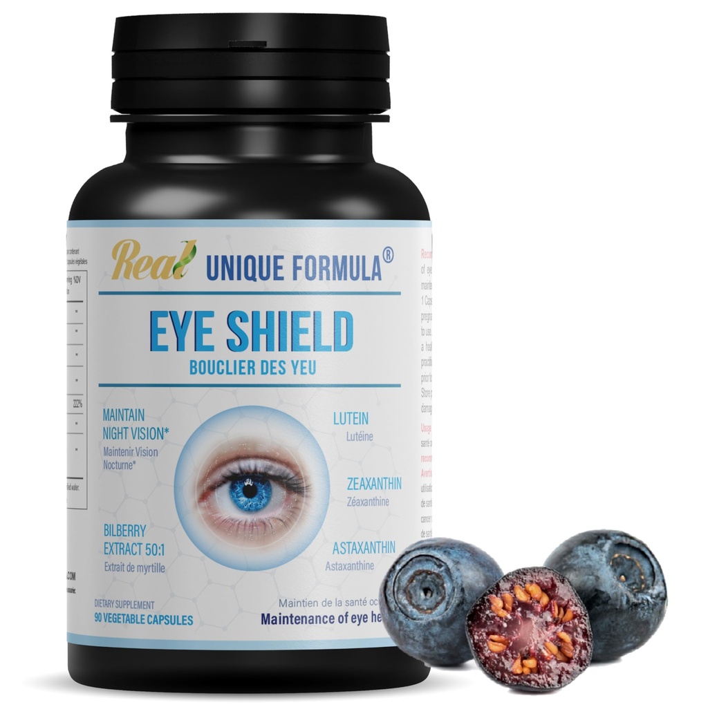 Eye Shield Supplement med Bilbær Ekstrakt, Lutein, Zeaxanthin, Astaxanthin og Beta-Caroten - Støtter tørre øyne, visjon helse og nattsyn, 90 Veg Kapsler