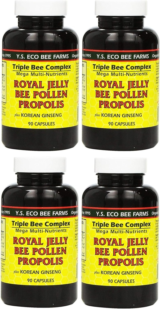 Y.S. Eco Bee Farms, (4 pakke) Royal Jelly, Bee Pollen, Propolis, Plus Korean Ginseng, 90 kapsler