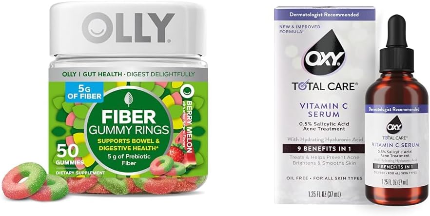 OLLY Fiber Gummy Ringer 50ct + Oxy Total Care Hydrating Vitamin C Serum for digestiv støtte, renere hud