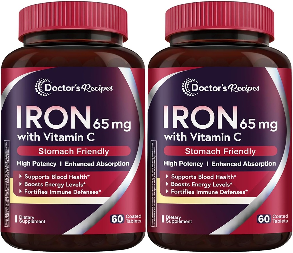 Legens oppskrifter Jern Supplement 65 mg med vitamin C - Maksimert absorpsjon og mage vennlige jern piller for røde blodceller formasjon, hjerte, hjerne og immunitet helse - Vegan 120 tabs (pakke av 2)