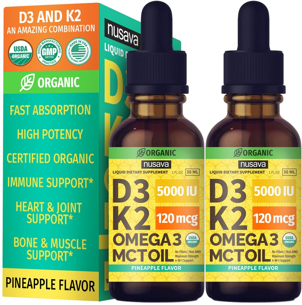 (2 Pack) organisk vitamin D3 K2 dråper med MCT olje Omega 3, maksimal styrke D-væske 5000 IE, ingen fyllstoff, ikke-GMO flytende D3 for raskere absorpsjon og immunstøtte (Pineapple, 2 Fl Oz)