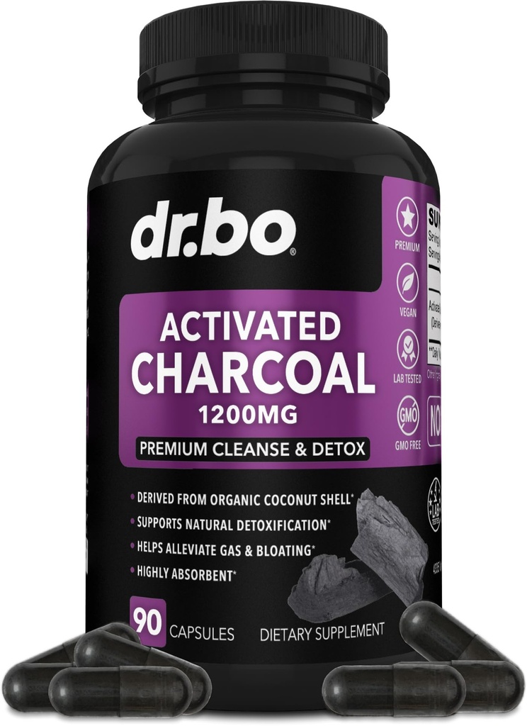 Aktivert Charcoal Capsules Cleanse Detox - 1200 mg økologisk kokosnøtt Charcoal piller for magegass og blomstring relief for menn kvinner barn - aktive kapsler pulver Binder Aktivert kosttilskudd for Gut