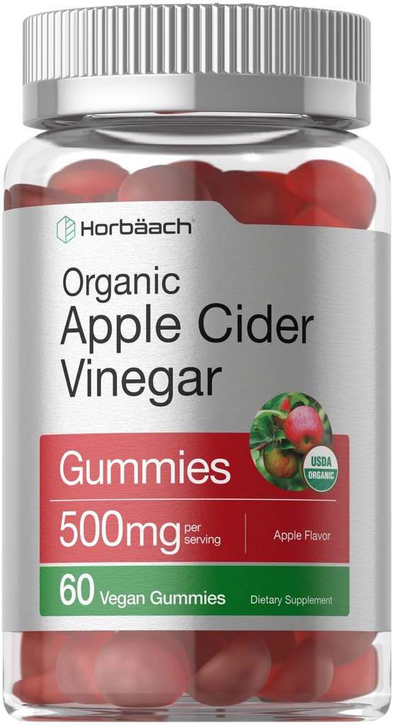 Horbäach Organic Apple Cider Vinegar Gummies | 60 Gummies | Vegan, ikke-GMO & Glutenfri Supplement | USDA Organic ACV | Apple Flavor