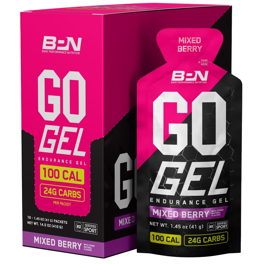 BARE PERFORMANCE NUTRITION, BPN Go Gel Endurance, 24g karbohydrater og 100 kalorier per pakke, Vegan + Glutenfri løpegel, 10 enkeltservingspakker, blandede berry