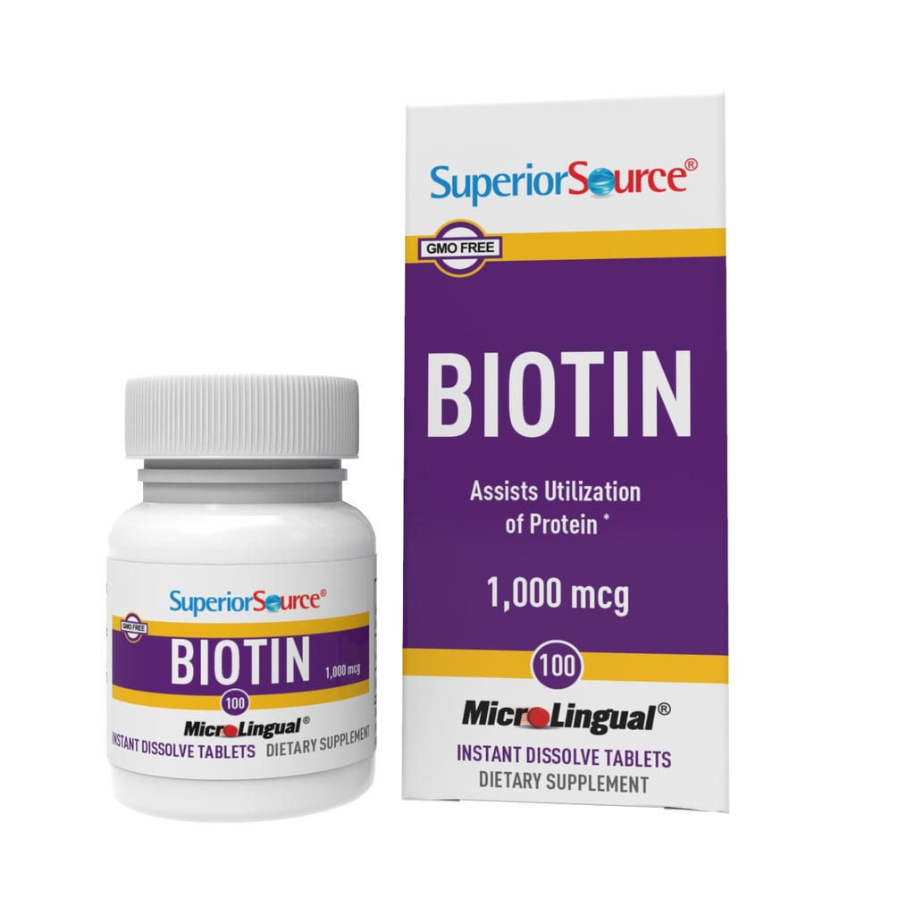 Superior Source Biotin 1000 mcg. Under tungen hurtig oppløse mikroLingual tabletter, 100 telle, støtter sunn hår, hud og neglevekst, hjelper støtte energimetabolisme, ikke-GMO