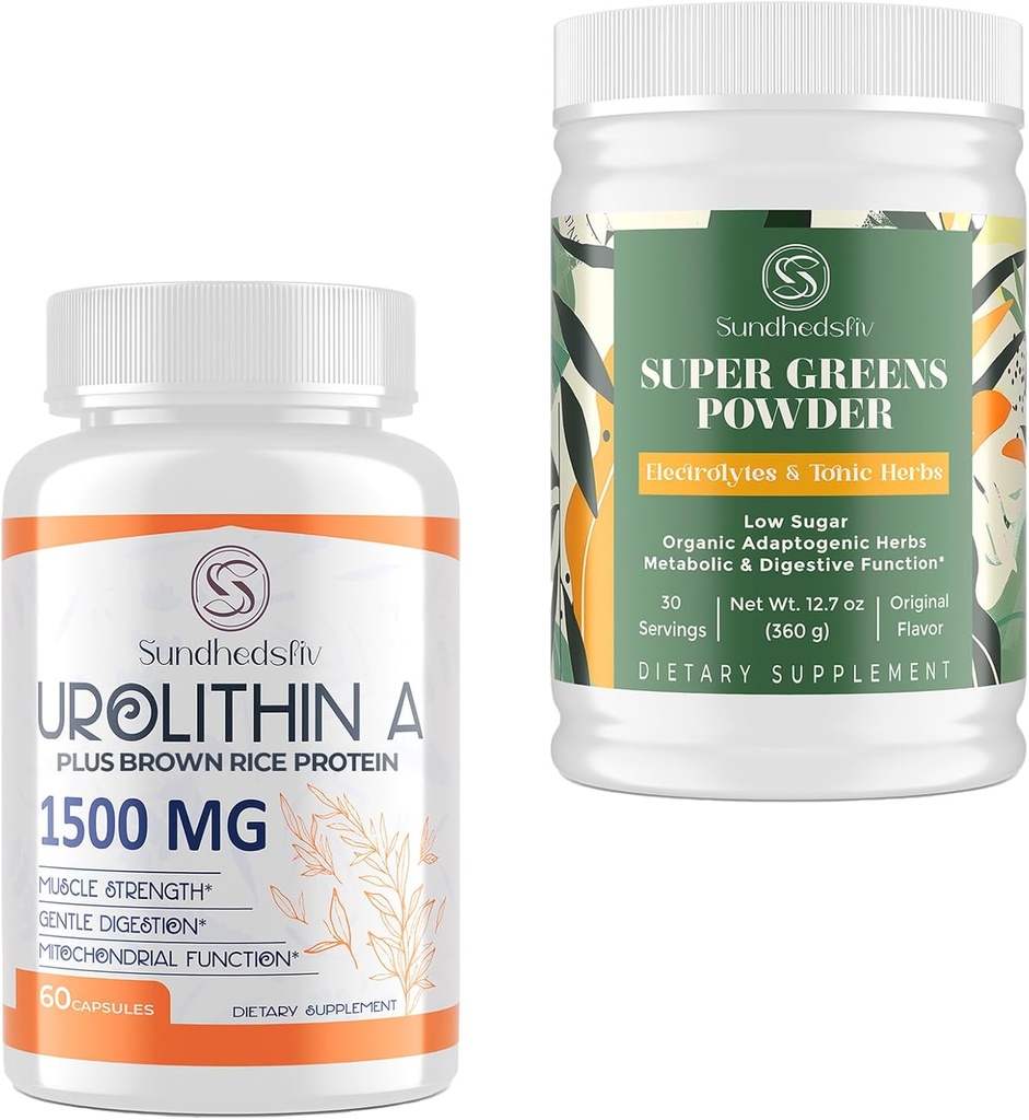 Urolitin A Supplement 1500MG Plus brun risprotein + Super Greens pulver Superfood Supplement med elektrolyter og toniske urter