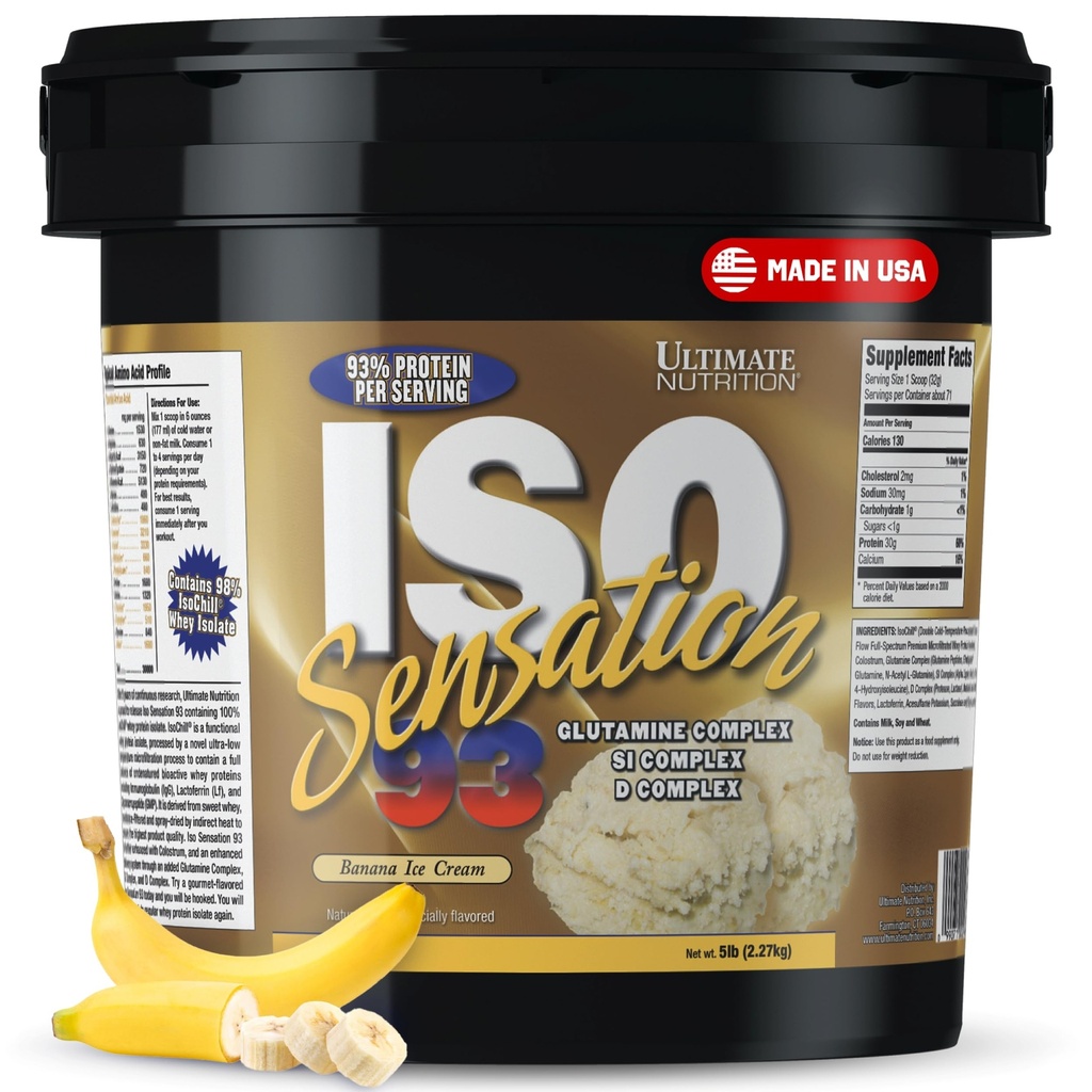 Ultimate Nutrition Whey Protein Isolere pulver med glutaminkompleks, ISO Sensasjon 93 - Whey Protein Powder med tilsatt kolostrum for forbedret gjenoppretting, immunitet & Gut Health - Banan, 5lbs