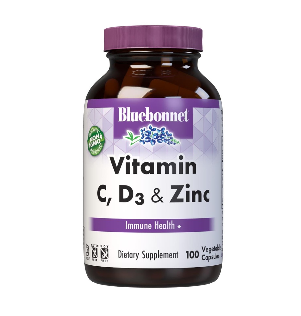 Blåbonnet Ernæring Vitamin C, D3 & Zink, for immun helse og respirasjonsfunksjon*, Soja-fri, Glutenfri, Ikke-GMO, Kosher-sertifisert, Dairy-Free, 100 Grønnsaker Kapsler, 100 Services
