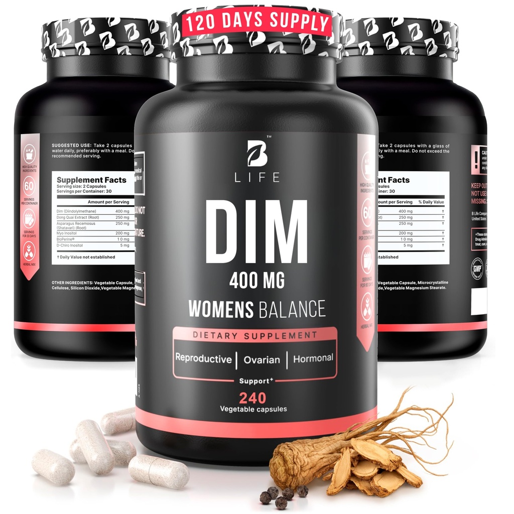 DIM Supplement 400 mg med Myo & D-Chiro Inositol, Dong Quai - PCOS Supplements – Hormon Balance for kvinner – Fertilitetstilskudd – Inositol Supplement - 240 Caps