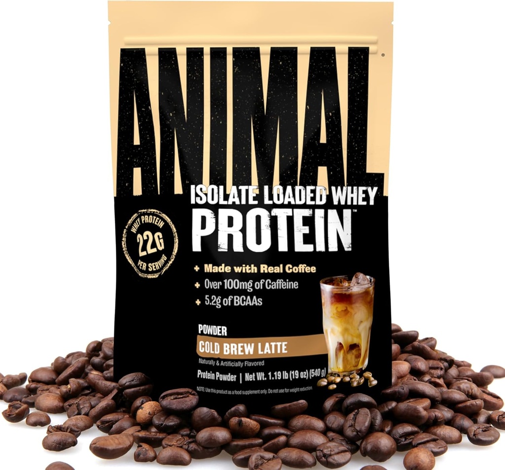 Dyr Whey Protein Kaffepulver, lastet med 22 g protein, 100 mg koffein, og BCAAs for pre & post trening muskelbuilder gjenoppretting med digestive enzymer for menn og kvinner, Cold Brew Latte, 1 lb