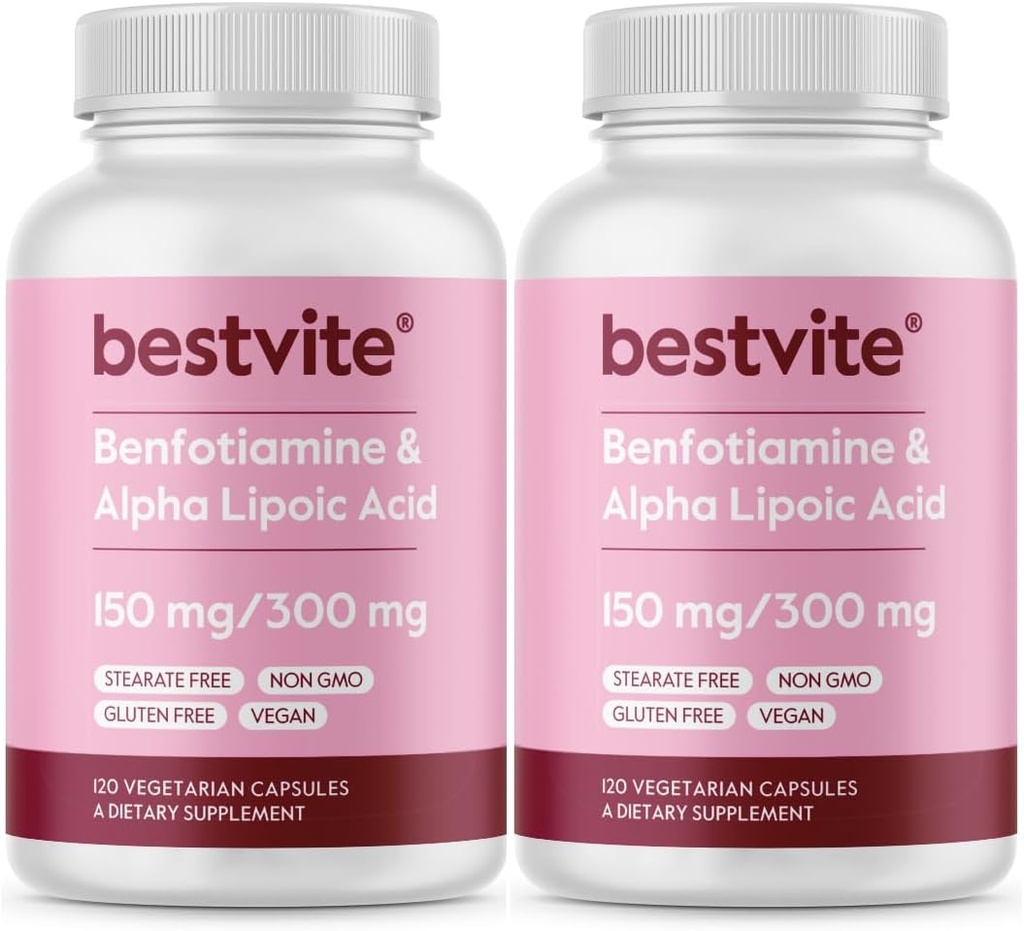 Benfotiamin 150mg / Alpha Lipoic Acid 300mg (240 vegetariske kapsler(120x2) - Ingen stearates - Vegan - Glutenfri - Ikke GMO