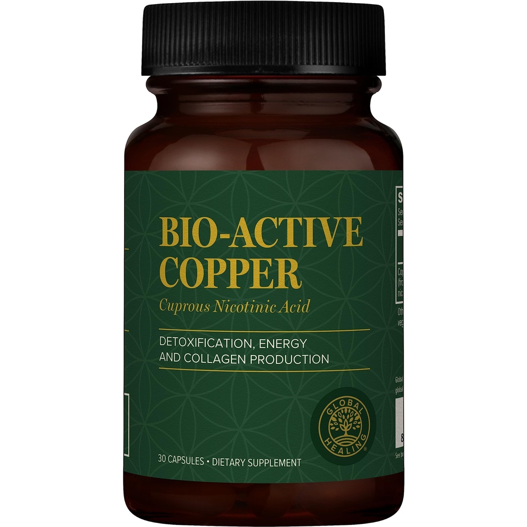 Global Healing Bio-Active Copper Supplement Cu1 - Cuproous Nikotinic Acid hjelper detox kroppen fra innsiden - støtter immunsystem & rød blodcelle - Niacin vitamin B3 Chelated Copper - 30 kapsler