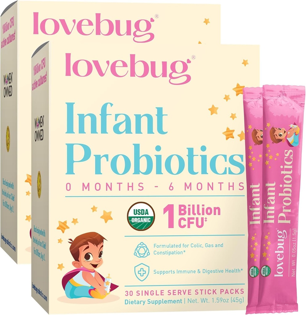 LOVEBUG Infantert Probiotika 0-6 måneder - USDA Organic Probiotics for babyer, støtter babygass, kolikk, diarré og nyfødte parabol relief, Allergen & sukker gratis, smaksløs pulver, 60 Pack