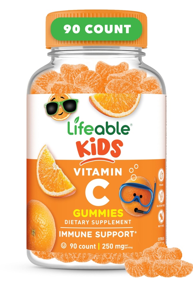 Livbare Kids Vitamin C Gummies ® 250mg | Flott Tasting VIT C | Vegansk GMO-fri Vitamin C Chewable | For Immune Support ® 90 Gummies