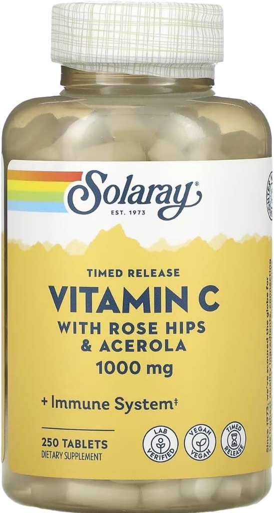 SOLARAY Timed Release Vitamin C med rose HIPS & Acerola, 1000 mg, 250 tabletter