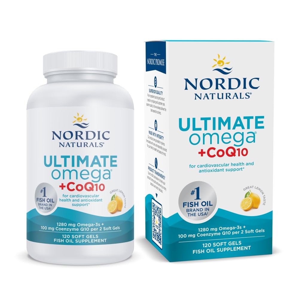 Nordic Naturals Ultimate Omega + CoQ10, sitron - 120 myk geler - 1280 mg Omega-3 + 100 mg CoQ10 - hjertehelse, cellulær energi, antioksidant støtte - ikke-GMO - 60 serveringer