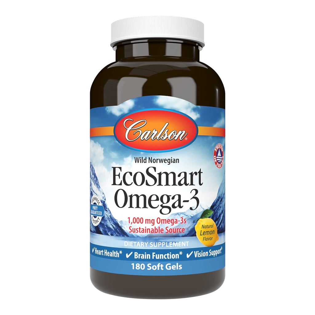 Carlson - EcoSmart Omega-3, 1000 mg Omega-3s, bærekraftig kilde, hjertehelse, hjernefunksjon og visjon støtte, sitron, 180 Softgels