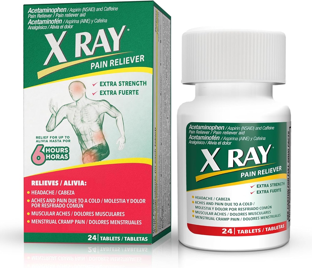 X RAY Extra Styrke Smerte Reliever: Acetaminophen 500 mg, Aspirin, Koffein - 24 Tabletter Hver, Potent Formel for migrain, hodepine og ryggsmerter Relief, reduserer inflammasjon