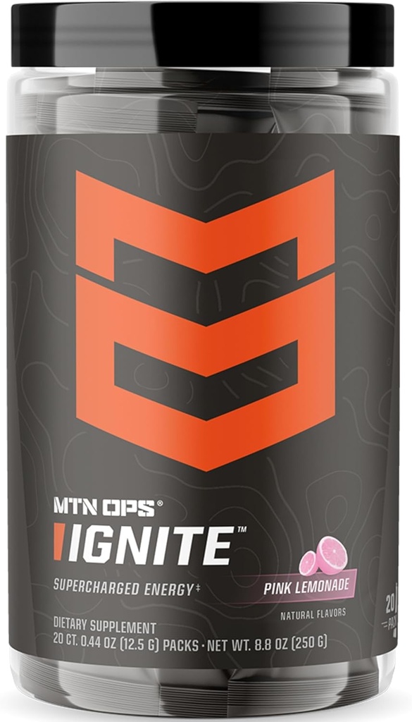 MTN OPS Ignite Trail Packs Energi Drikkepulver, Glutenfri Nootropic Supplement Drikkemiks, L Arginine, L Citrulline, Koffein & Nootropic Sukker Gratis Drikkeblanding, 20 Serveringer, Rosa Lemonade
