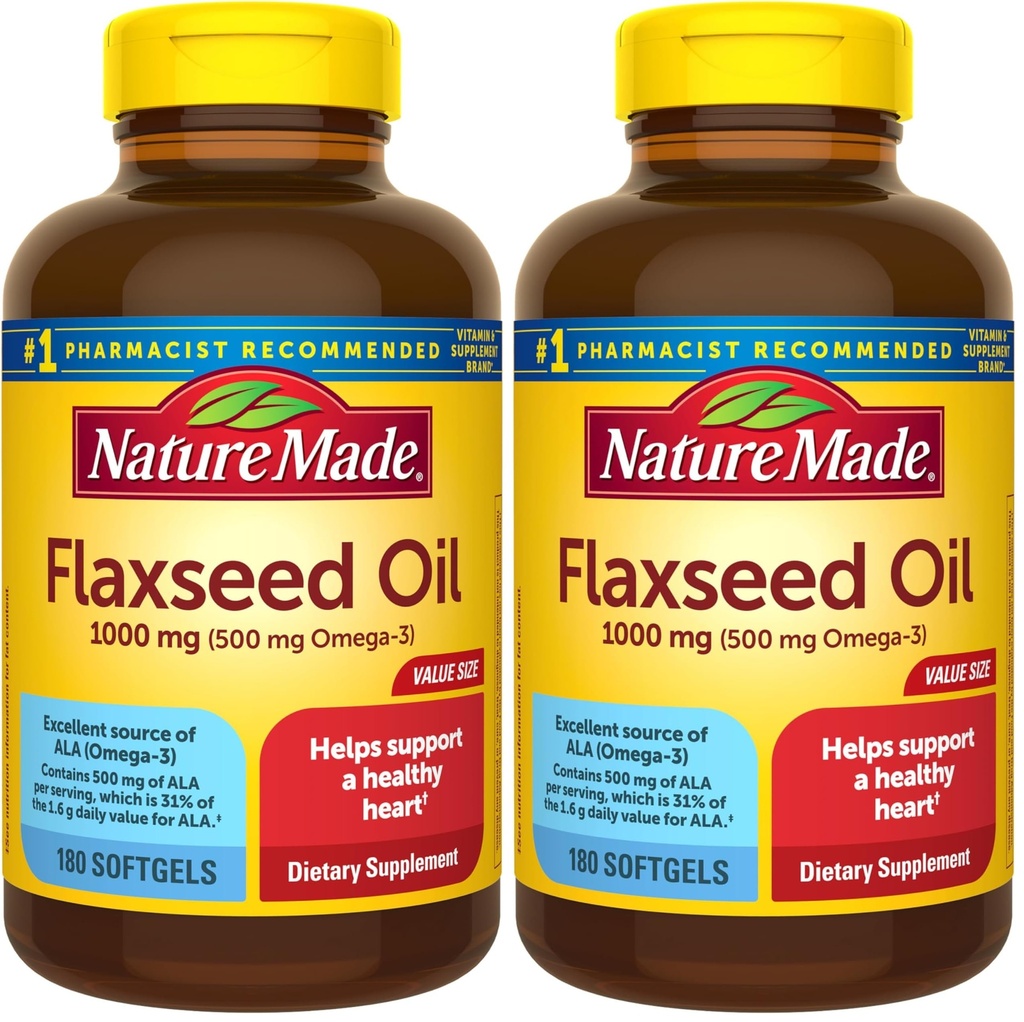 Naturlaget Flaksfrø Olje 1000 mg, Diett Supplement for hjerte helse støtte, 180 Softgels (pakke med 2)