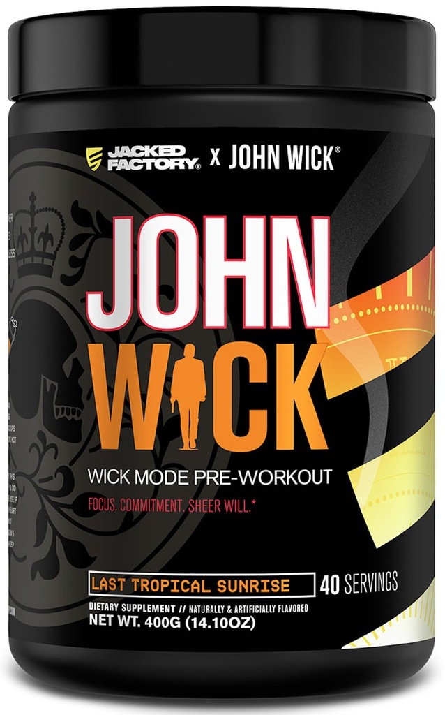 Jacked Factory X John Wick - Wick Mode Pre Workout Powder - Intense Energy, Battle-Ready Focus, Unstoppable Forpliktelse, og ren vil - 40 Serveringer, siste tropiske soloppgang