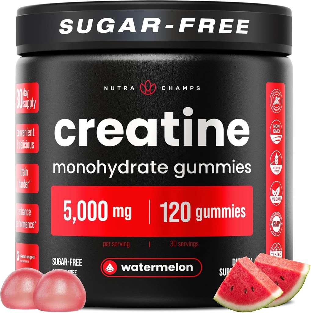NutraChamps 120 Kreatin Gummies for menn & kvinner - 5g sukker gratis Chewable Kreatin Monohydrat Gummies - støtter proteinsyntese, muskelgjenvinning og trening ytelse