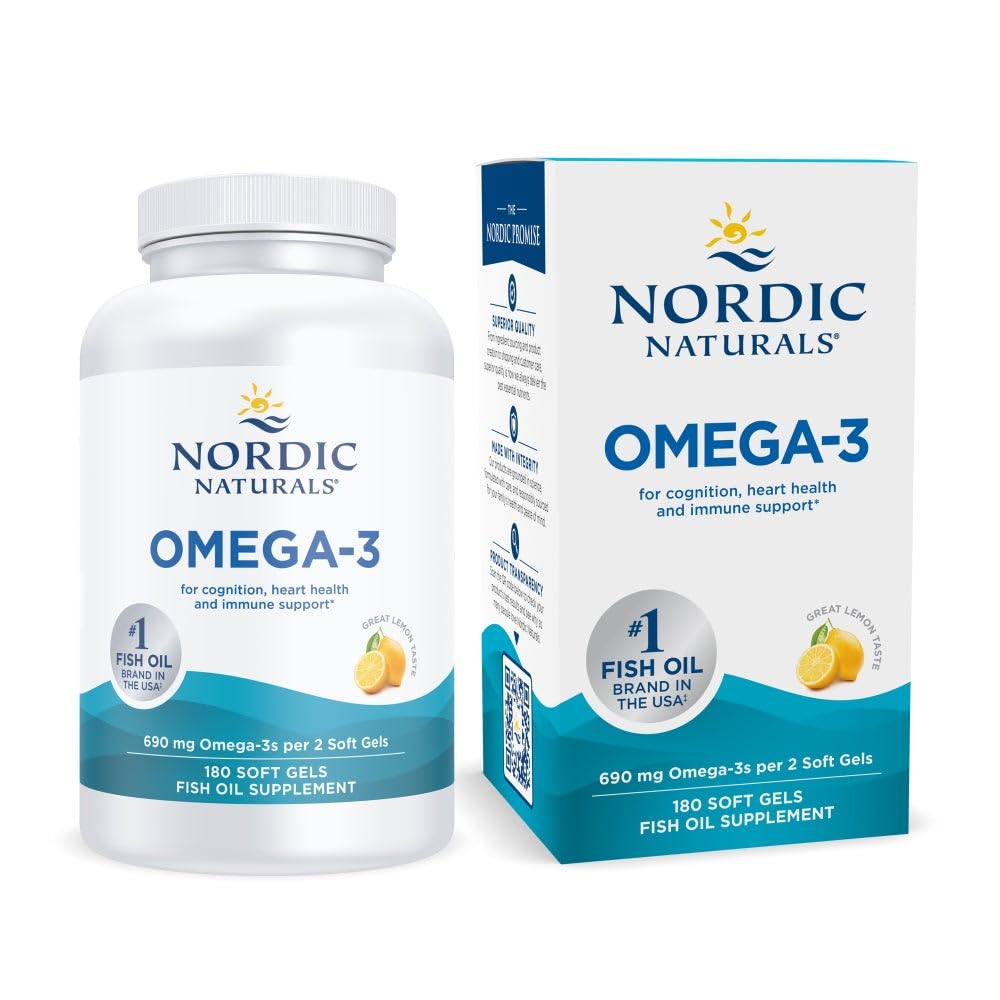 Nordic Naturals Omega-3, Lemon Flavor - 180 Soft Gels - 690 mg Omega-3 - Fiskeolje - EPA & DHA - Immunstøtte, Hjerne og hjertehelse, Optimal velvære - Ikke-GMO - 90 Serveringer
