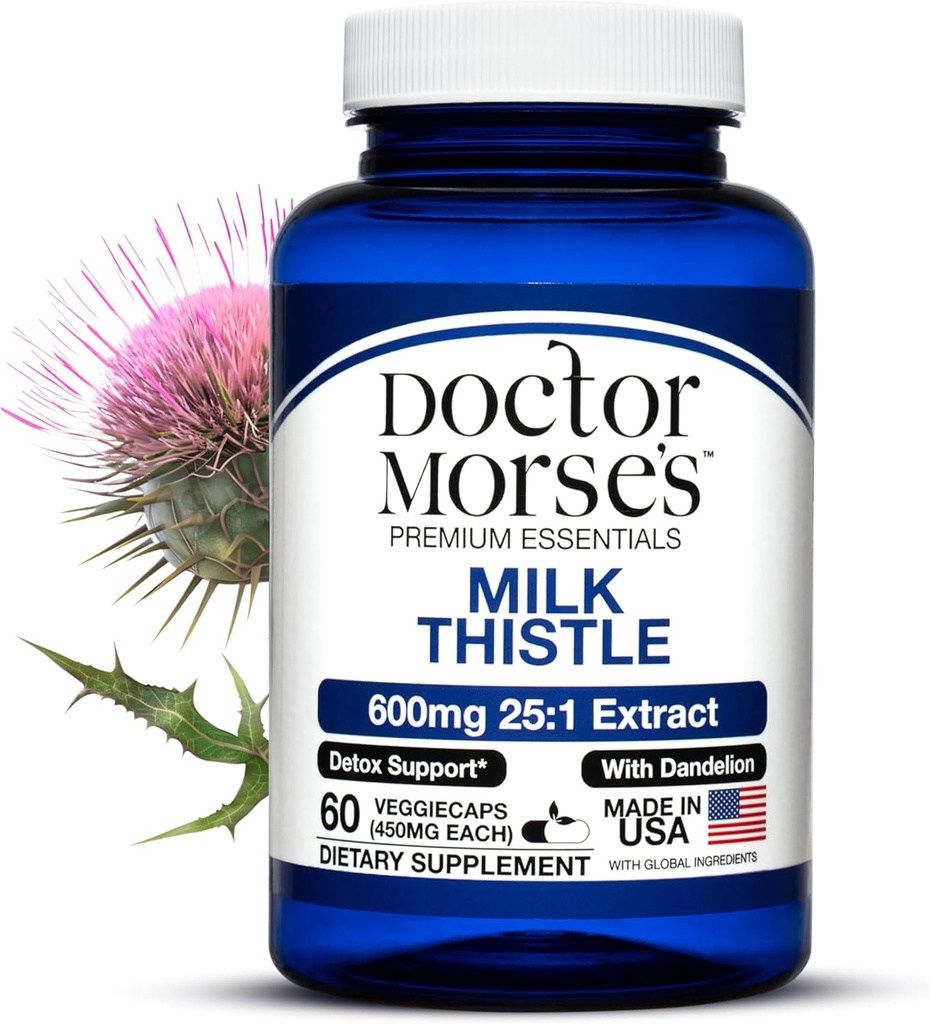 Dr. Morse Melk Thistle Supplement 25:1 Ekstrakt 600 mg Tilsvarende 15000mg, Lever Detox Støtte 4:1 Ekstrakt 300mg Tilsvarende 1200mg Dandelion Root - FDA sertifisert Ultra Potent Formula - 60 Caps
