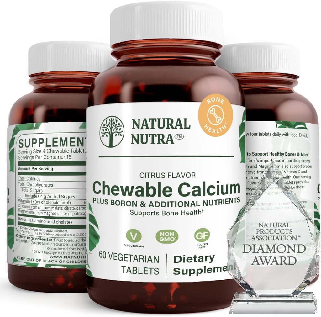 Naturlig Nutra Chewable Kalsium Supplement for bein styrke, fremmer muskel helse, hjelper forbedre tennene helse, støtte nerve helse, og kardiovaskulær helse, forbedre bein styrke, 60 tabletter