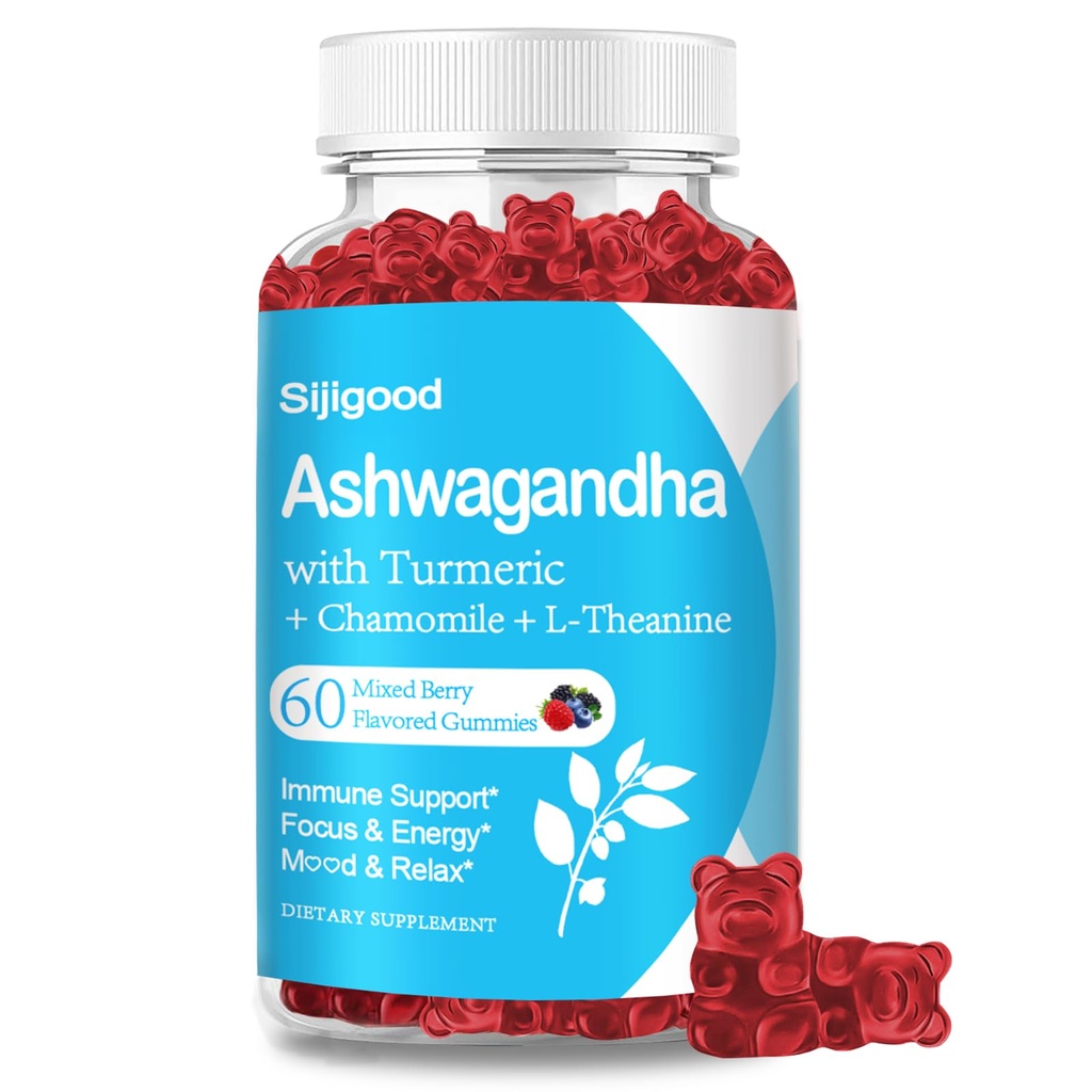 Ashwagandha Gummies med L-theanine, Ashwa Root Supplement Gummy for kvinner menn, 60 Blandet Berry Flavored Gummies