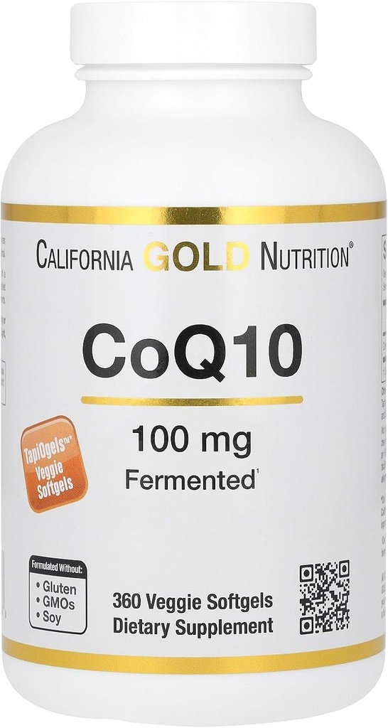 California Gold Nutrition CoQ10 100 mg, Coenzyme Q10 Ubiquinon USP, støtter Mitochondrial funksjon, 360 Veggie Softgels
