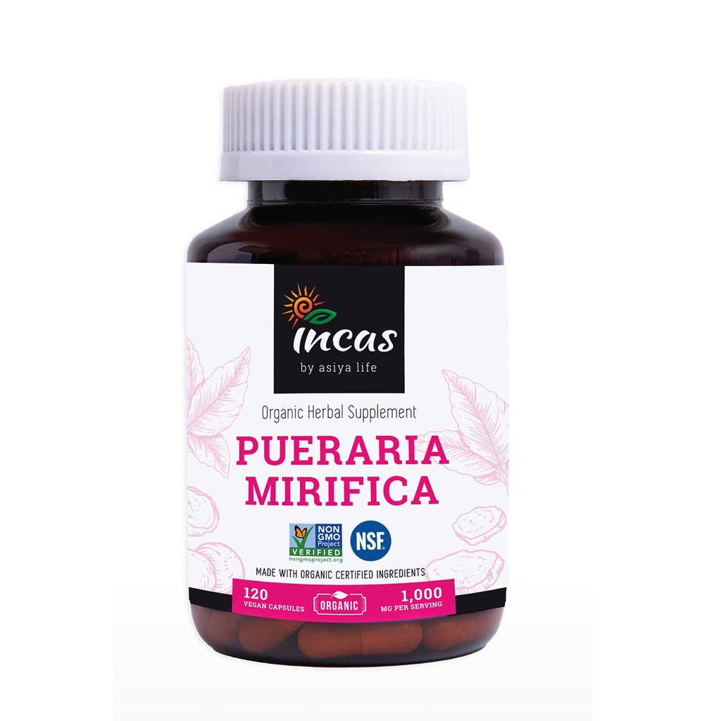 INCAS Organic Pueraria Mirifica 500 mg Root Extract pulver vegansk kapsler fra Thailand ikke GMO verifisert fremmer kvinners helse, organisk naturlig urte