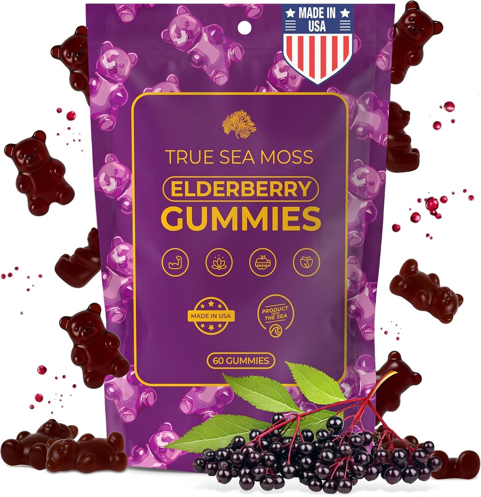TrueSeaMoss Sea Moss Elderberry Gummies for voksne og barn – med Burdock Root, Bladderwrack & Magnesium – Vegansk, ikke-GMO Formula – laget i USA – 60 Gummies