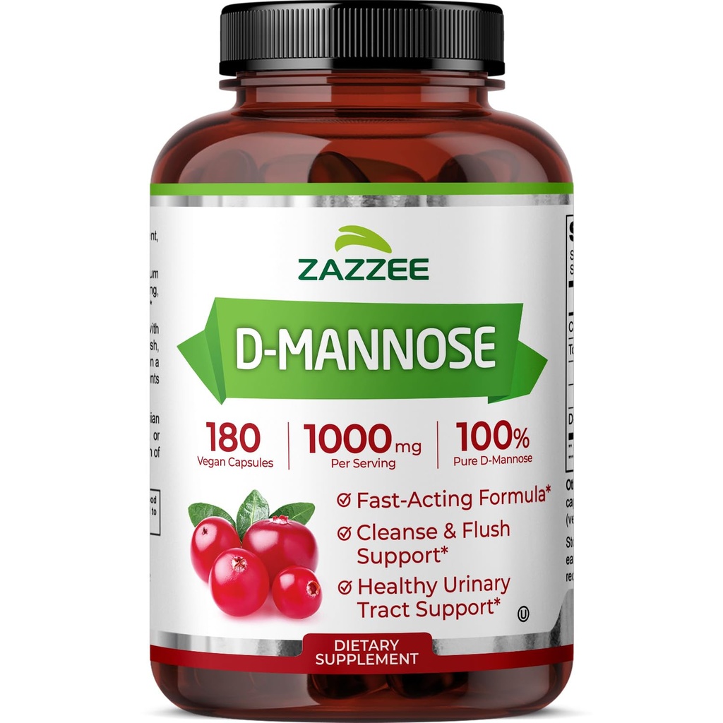 Zazzee D-Mannose, 1000 mg per servering, 180 Vegan Capsules, 3 måneders forsyning, Potent & Fast-Accounting, Certified Kosher, 100% ren, all-Natural Urin Tract Health Support, 100% vegetarisk, ikke-GMO