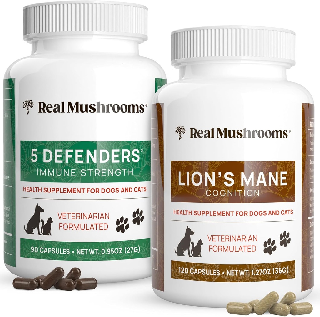 Ekte Mushrooms 5 Defenders for Kjæledyr (90ct) og Lions Mane for Kjæledyr (120ct) - Bundle for immunstyrke og kognisjon - Vegan, ikke-GMO, Glutenfri, kornfri moskroom Kjæledyr kosttilskudd