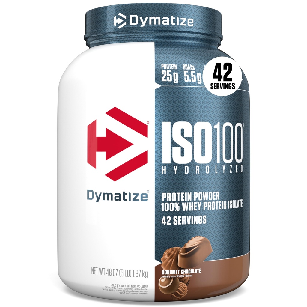 Dymatisering ISO100 Hydrolysert proteinpulver, 100% Whey Isolate Protein, 25 g protein, 5,5 g BCAA, Glutenfri, rask absorbering, lett diading, Gourmet sjokolade, 3 pund (42 serveringer)