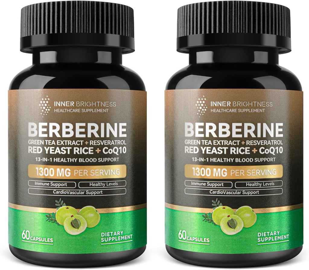 Berberine 1300mg med grønn te ekstrakt, Resveratrol, rød yeast ris og coQ10 – 13-i-1 immunhelse, naturlig metabolsk støtte – 60 kapsler – ikke-GMO, Lab testet - 2 pakke