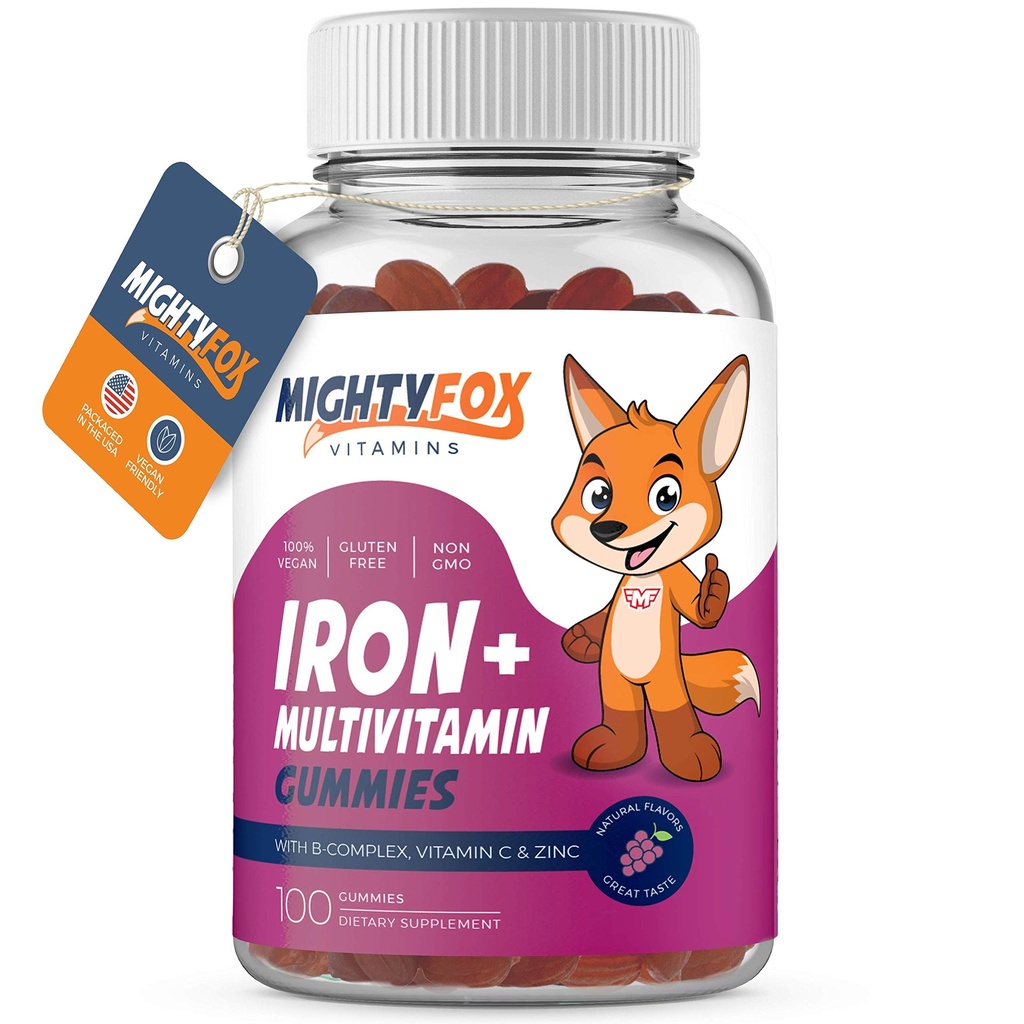 Iron Gummy Vitaminer for barn og tenåringer – Tapioca Basert - Beste Tasting - Ikke-GMO - Glutenfri - Vegan - Chewable Iron Supplement w/Vitamin A, C, B3, B5, B6, B12, Folinsyre, Biotin & Sink 100ct
