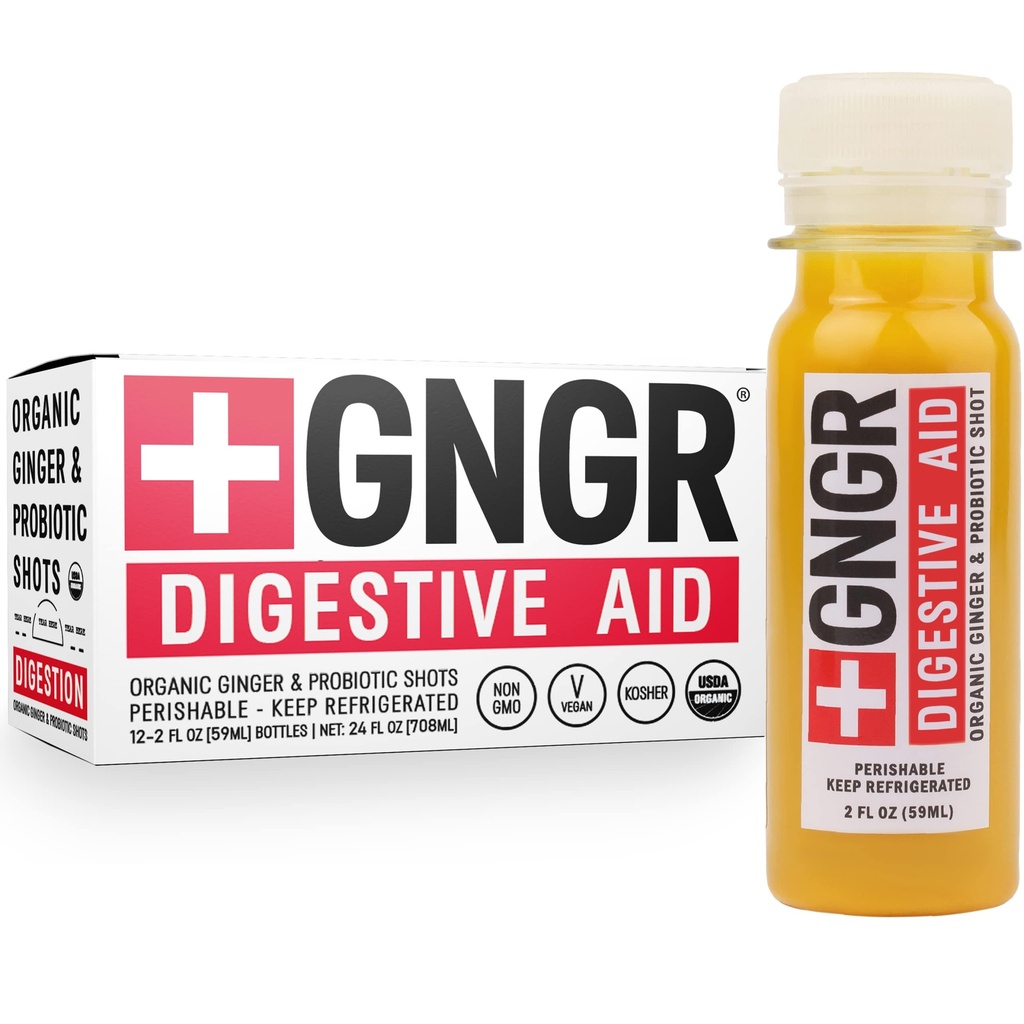 +GNGR Digestive Aid Organic Ginger Shots med probiotika, Gut Helse, Colon Cleanse, Bloating Relief, Gut Detox, Immunitet Shots med Ginger Juice, Turmeric, Black Pepper. (2 Oz, Pakke med 12)