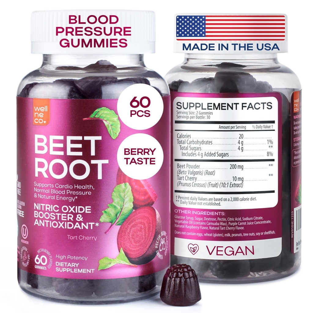 Beet Chews for høyt blodtrykk - Beet Root Gummies laget i USA med Tart Cherry - Nitric Oxid kosttilskudd for energi og kardio helse - Vegan, ingen GMO, Pectin Basert - for kvinner og menn, 60 stk