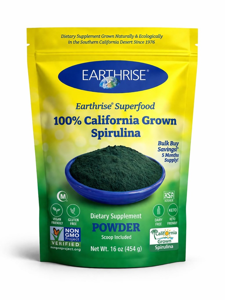 Jordrise Spirulina Naturlig pulver 16oz, Naturlig Premium Spirulina fra California- Vegansk, Glutenfri, Keto Vennlig, Ikke -GMO Super Mat høy i vitaminer og mineraler. (1 LB)