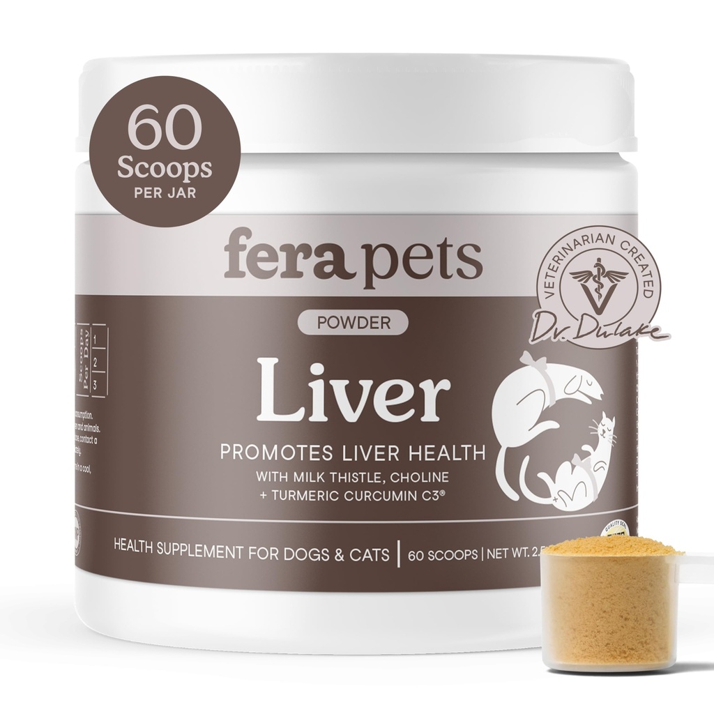 Fera Kjæledyr Liver Supplement for hunder og katter med melk Thistle, Choline & gurkemeie - organiske botaniske - forbedrer leverfunksjon, immunitet, avgifts- og metabolske funksjon - pulver - 60 Scoops