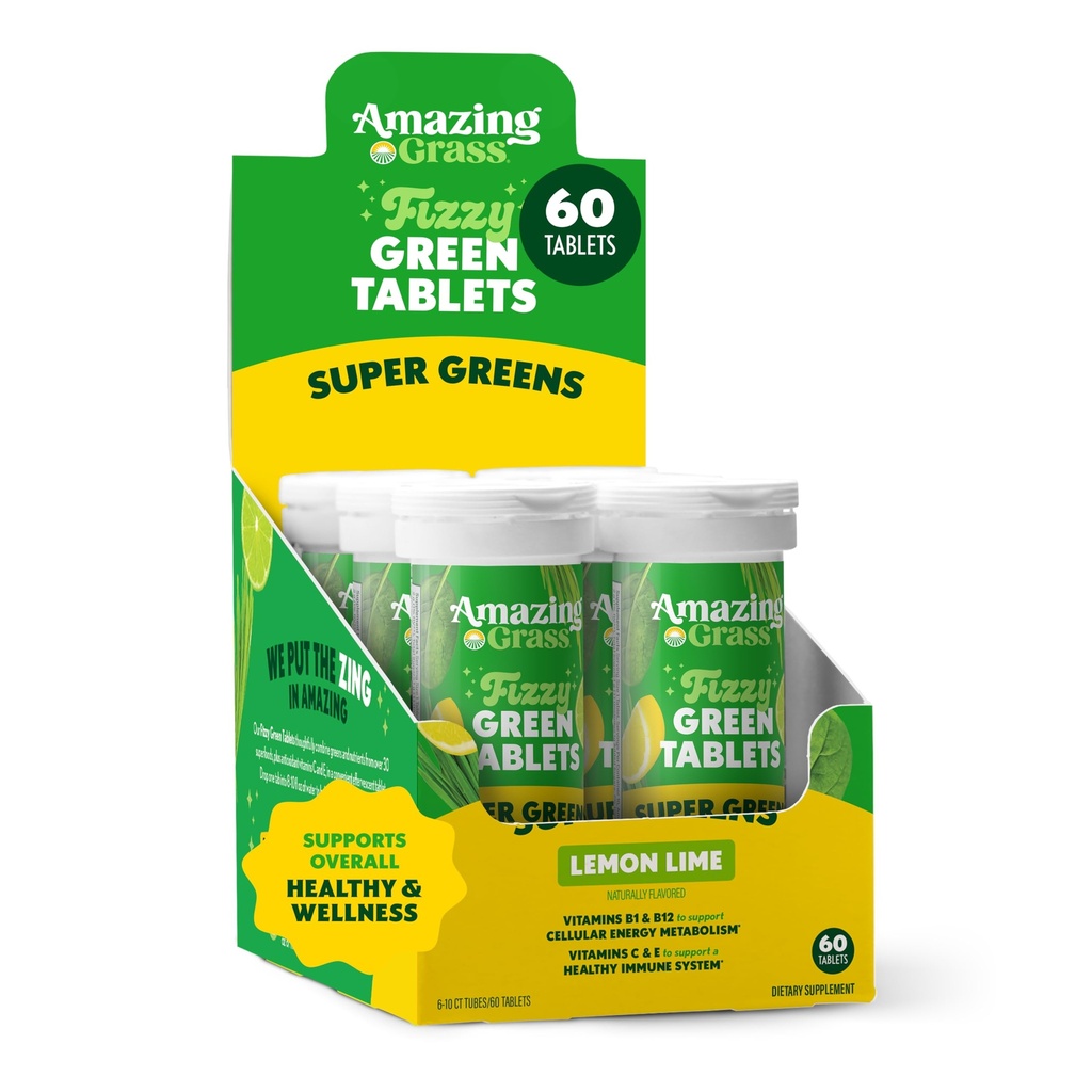 Amazing Grass Effervescent Tabletter: Grønn Superfood Vann Flavoring Tablett med antioksidanter og alkalizing Grønn, Lemon Lime, 60 Count