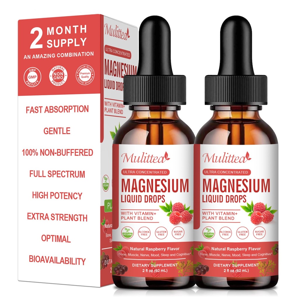 Magnesium Glycinate flytende dråpe - Triple Absorpsjon Supplement for å støtte nerver, søvn, rolig, hjerte, muskler * -Sugar-fri med Kalium, L-Theanine, Sea Moss, vitamin B,C,D3, K2-2Pack